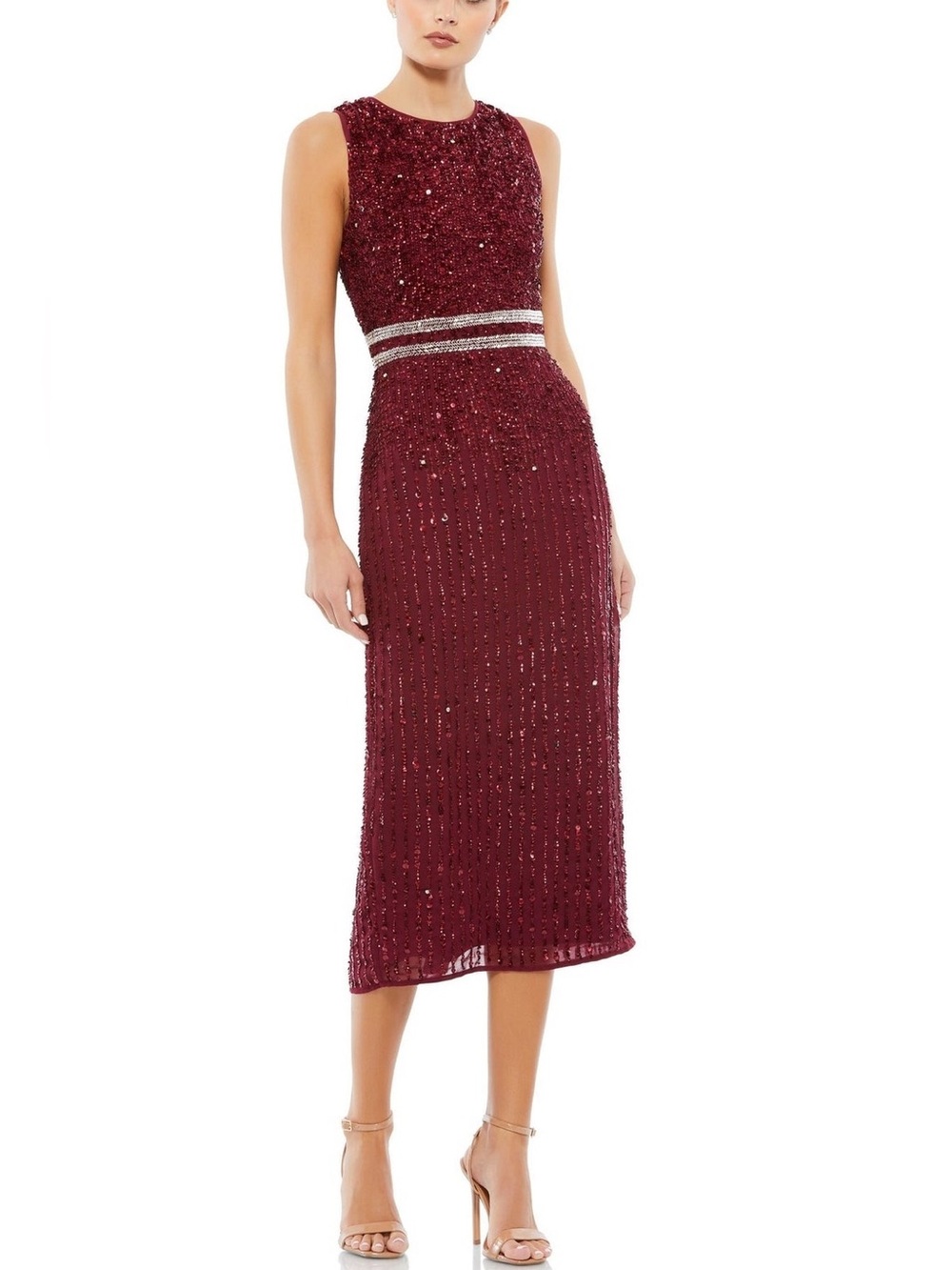 NWT Mac Duggal Red Sleeveless High Neck Beaded Midi Sheath Dress 10509 Size 4